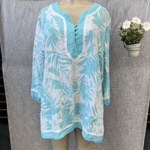 Carole Little Woman 2X Tunic Top 100% Linen Blue White Tropical Floral Boho